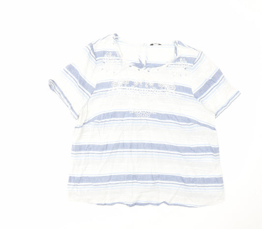 M&Co Womens Blue Striped Cotton Basic T-Shirt Size 16 Round Neck