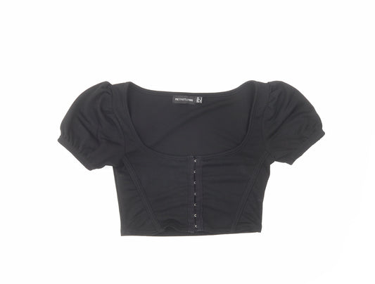 PRETTYLITTLETHING Womens Black Polyester Cropped Blouse Size 8 Scoop Neck