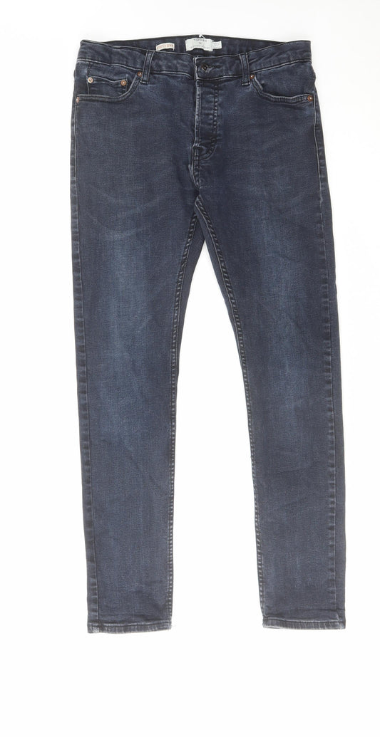 Topman Mens Blue Cotton Skinny Jeans Size 32 in L28 in Regular Button