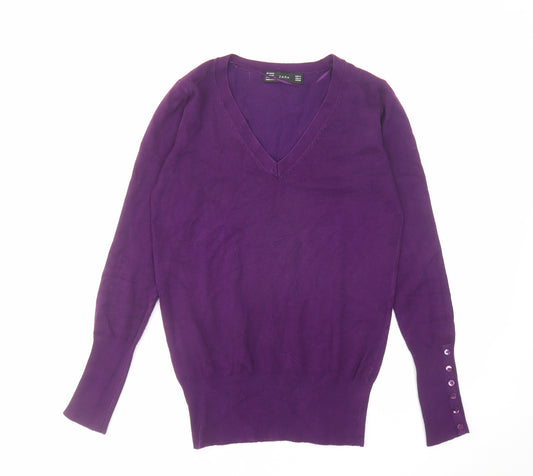 Zara Womens Purple V-Neck Viscose Pullover Jumper Size M