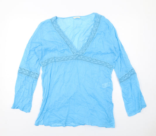 Marks and Spencer Womens Blue Cotton Basic Blouse Size 18 V-Neck - Crochet Detail