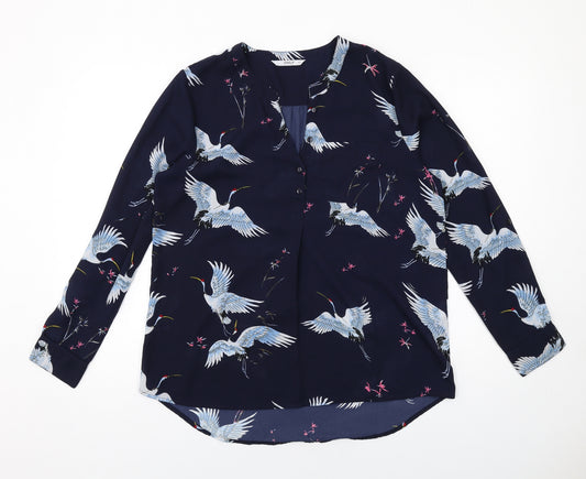Only Womens Blue Geometric Polyester Basic Blouse Size 12 V-Neck - Bird Print