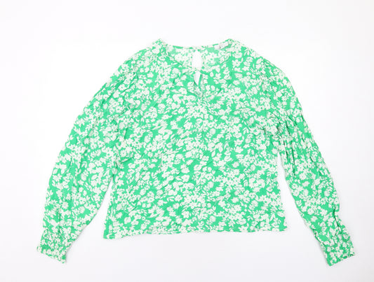 M&Co Womens Green Floral Viscose Basic Blouse Size 14 Round Neck