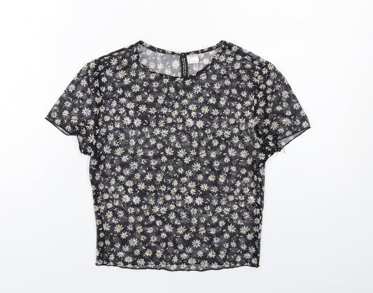 H&M Womens Black Floral Polyester Basic T-Shirt Size S Boat Neck
