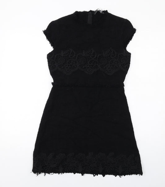 Zara Womens Black Cotton Mini Size S Round Neck Zip - Crocheted Lace Detail