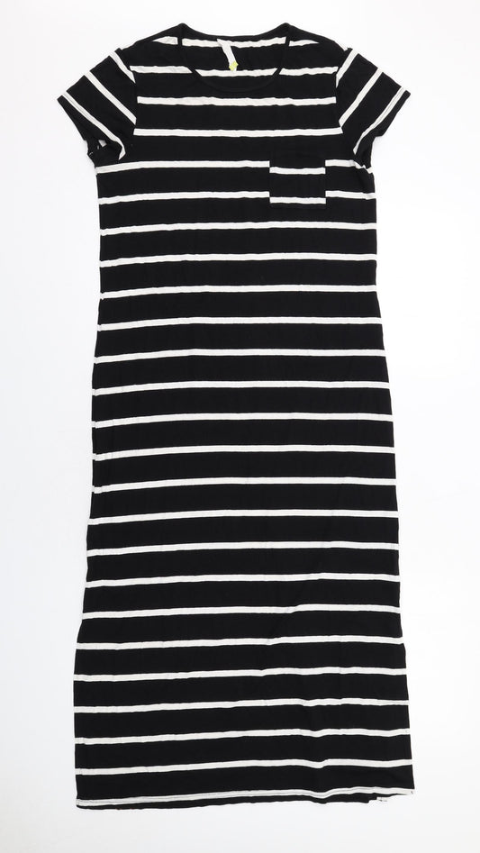 John Lewis Womens Black Striped Viscose T-Shirt Dress Size 12 Crew Neck Pullover