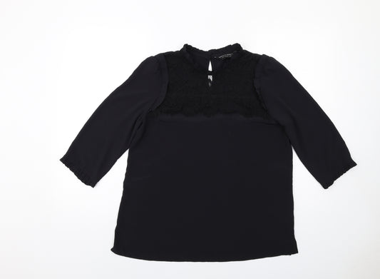 Dorothy Perkins Womens Black Polyester Basic Blouse Size 12 Mock Neck - Lace Detail
