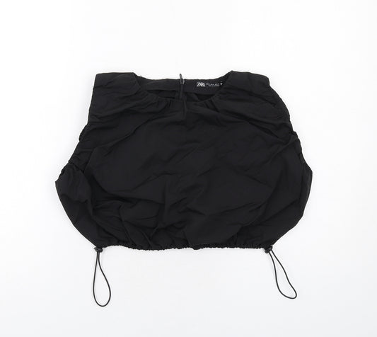 Zara Womens Black Polyamide Cropped Blouse Size M Round Neck - Drawstring Hem