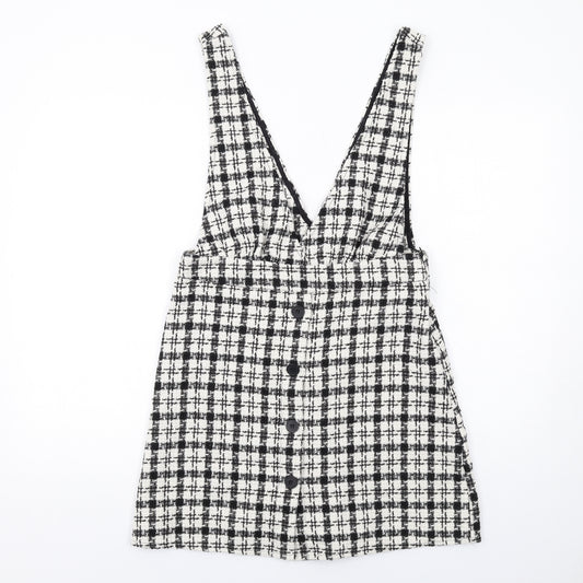 New Look Womens White Plaid Polyester Pinafore/Dungaree Dress Size 12 V-Neck Zip
