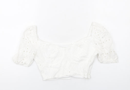 Parisian Womens White Cotton Cropped Blouse Size 8 Sweetheart - Broderie Anglaise