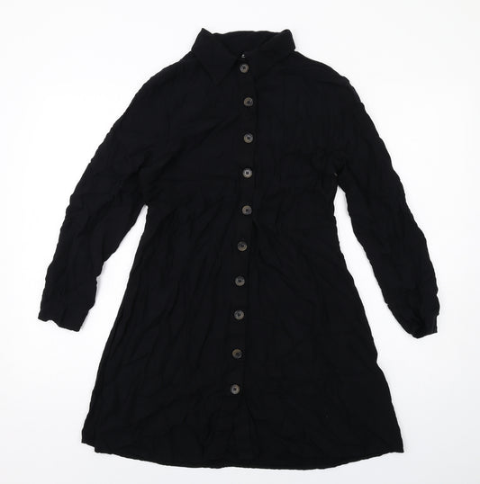 H&M Womens Black Viscose Shirt Dress Size 12 Collared Button