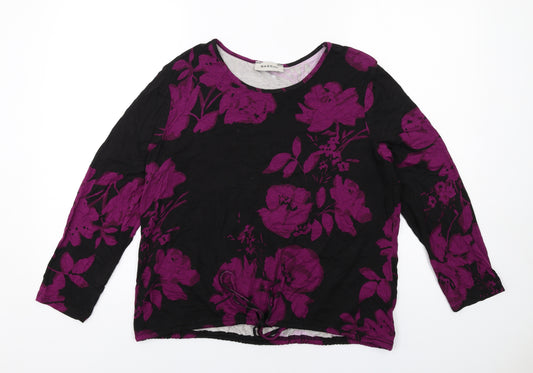BASSINI Womens Black Floral Polyester Basic T-Shirt Size 16 Round Neck