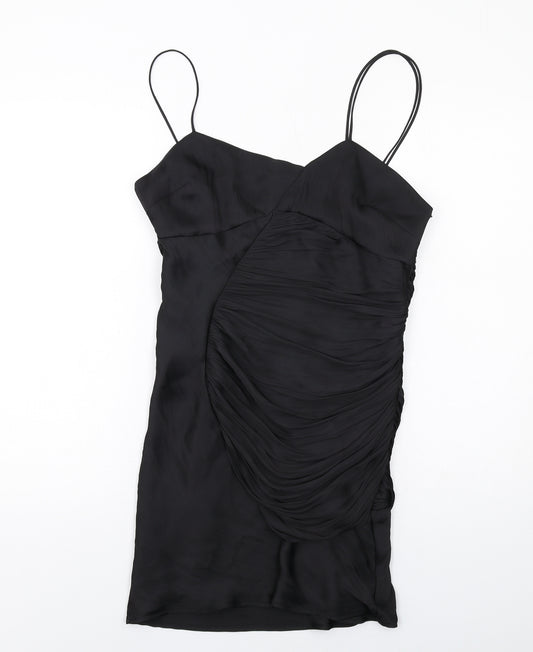 Zara Womens Black Polyester Mini Size L V-Neck Zip - Ruched Detail