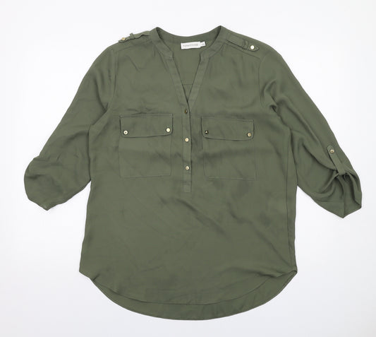 Paraphrase Womens Green Polyester Basic Blouse Size L V-Neck