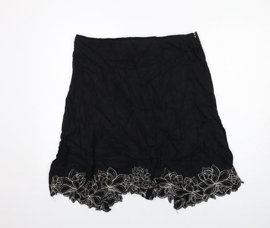 Mia Moda Womens Black Floral Linen A-Line Skirt Size 18 Zip