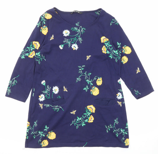 Bonmarché Womens Blue Floral Cotton Basic T-Shirt Size 14 Round Neck - Long Line