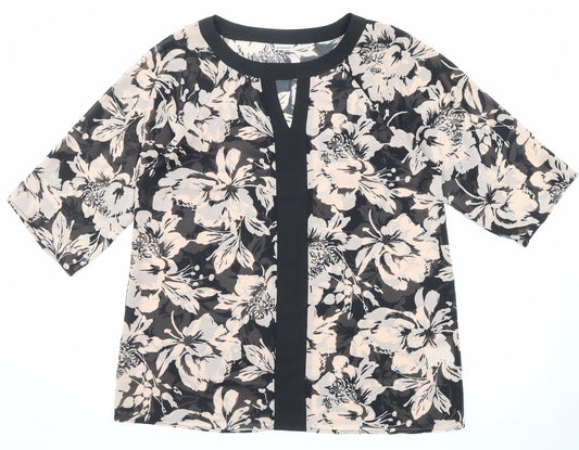 Damart Womens Black Floral Polyester Blend Basic Blouse Size 14 Round Neck