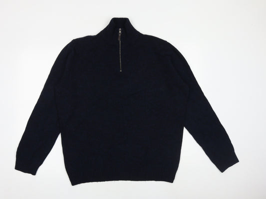 Marks and Spencer Mens Blue High Neck Wool Henley Jumper Size L Long Sleeve