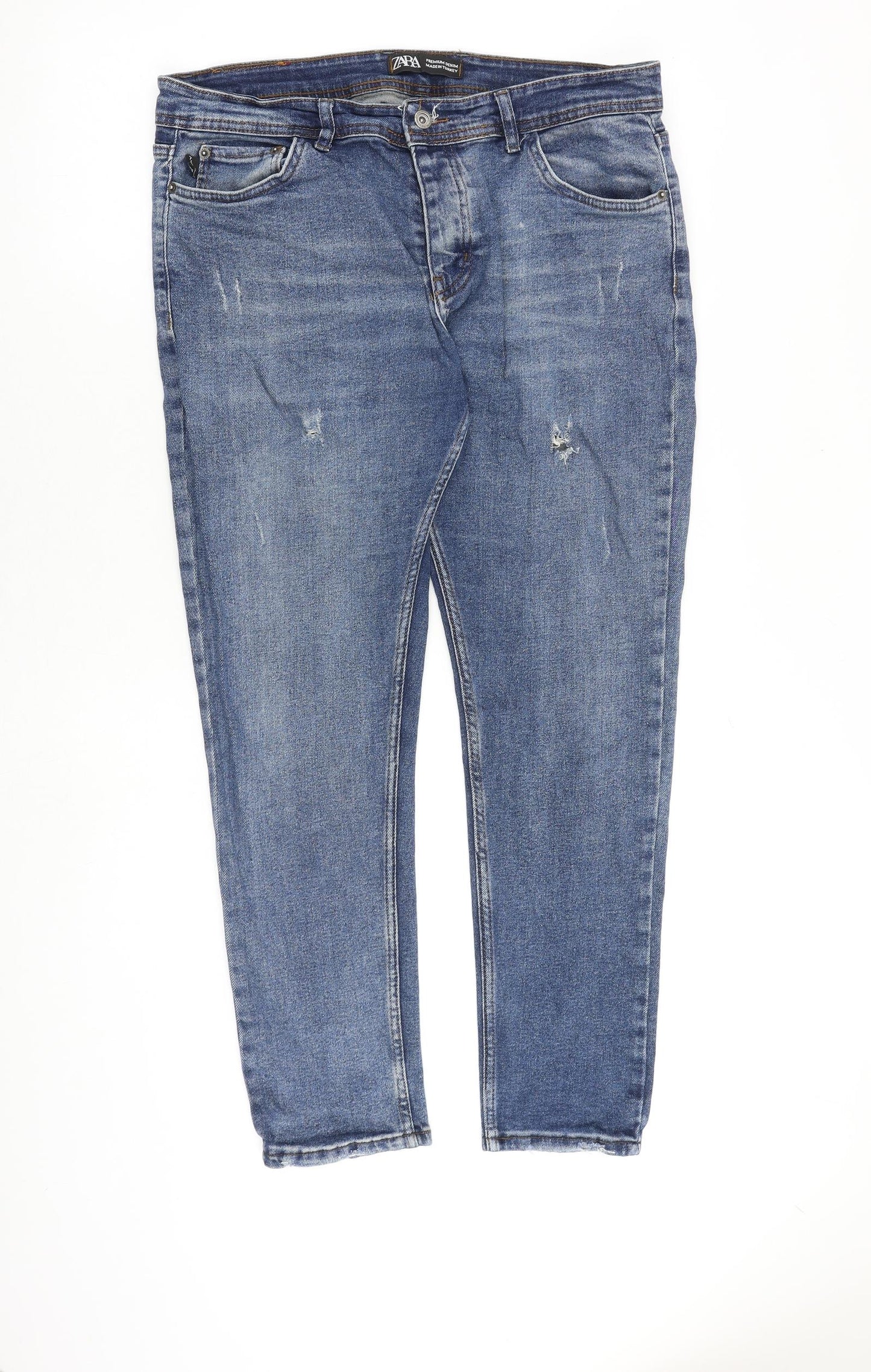 Zara Mens Blue Cotton Tapered Jeans Size 36 in L29 in Regular Zip