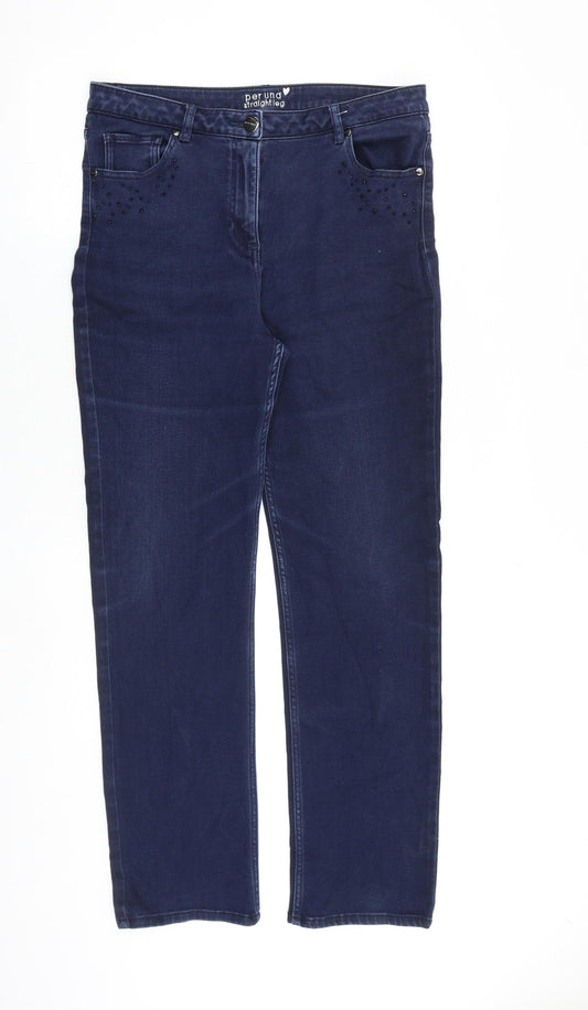 Marks and Spencer Womens Blue Cotton Straight Jeans Size 14 L30 in Regular Zip