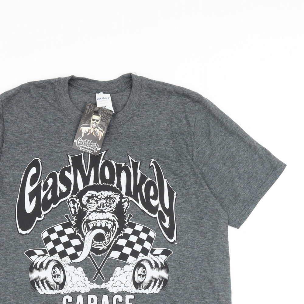 Gildan Mens Grey Cotton T-Shirt Size M Round Neck - Gas Monkey Garage