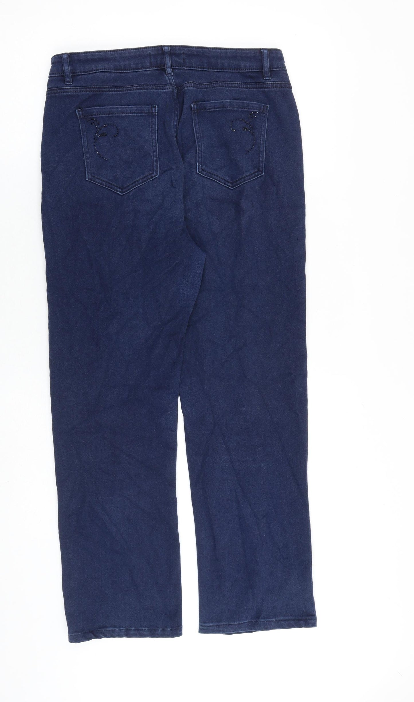 Marks and Spencer Womens Blue Cotton Straight Jeans Size 12 L26 in Regular Zip - Embellished Pockets