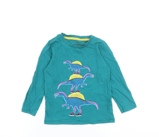 Marks and Spencer Girls Green Cotton Basic T-Shirt Size 2-3 Years Round Neck Pullover - Dinosaur Print