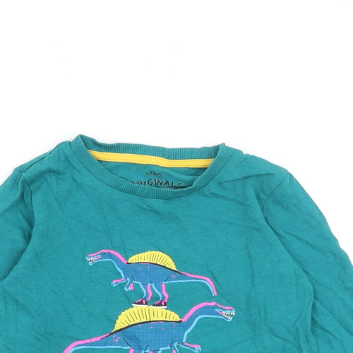 Marks and Spencer Girls Green Cotton Basic T-Shirt Size 2-3 Years Round Neck Pullover - Dinosaur Print
