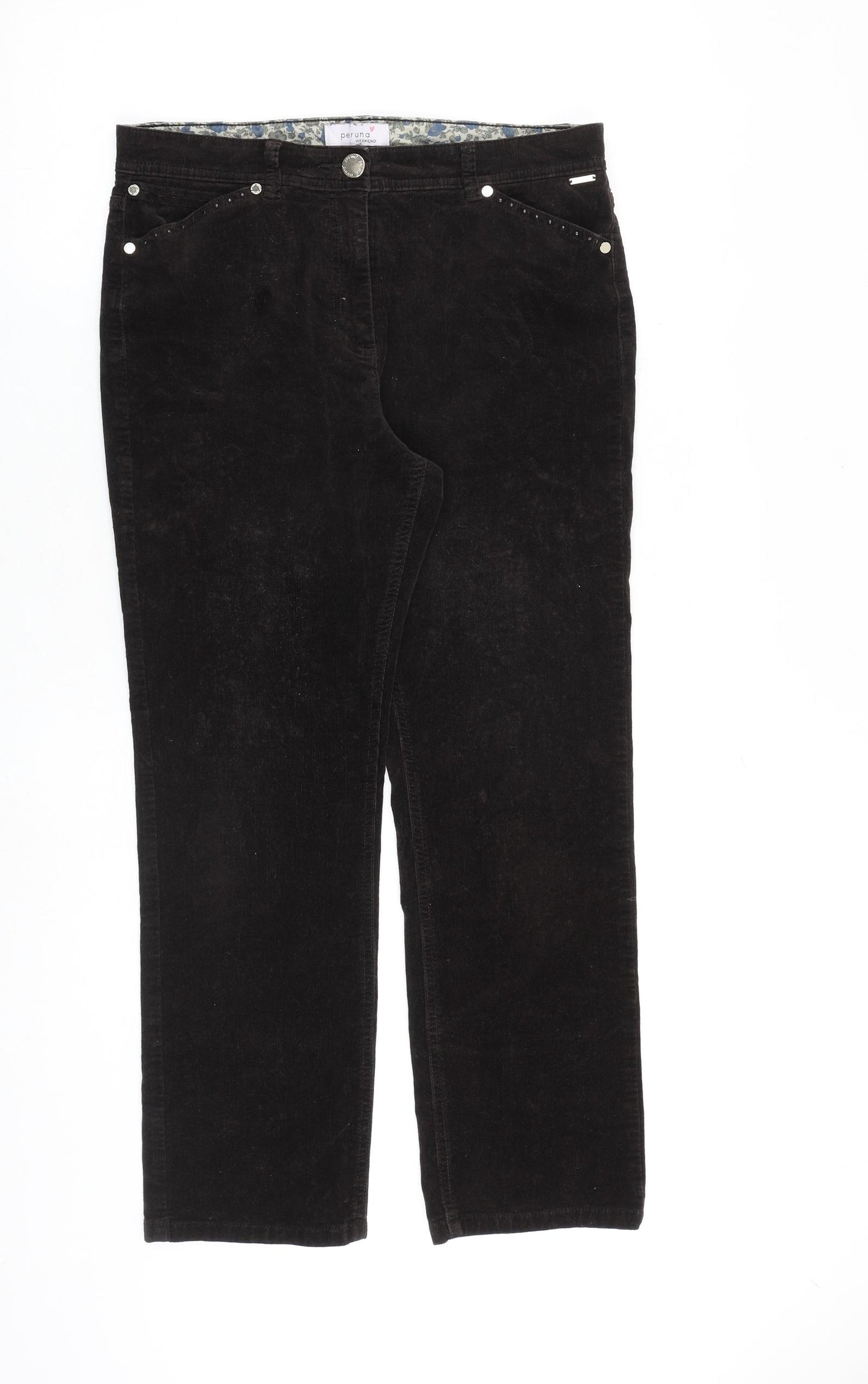 Per Una Womens Brown Cotton Trousers Size 12 L28 in Regular Zip