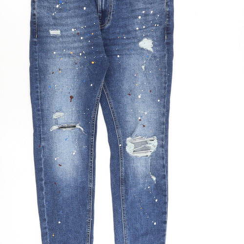 Pull&Bear Womens Blue Cotton Skinny Jeans Size 30 in L27 in Regular Zip - Paint Splatter Print