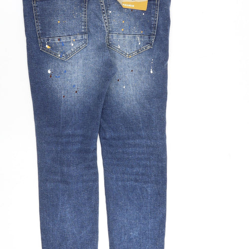 Pull&Bear Womens Blue Cotton Skinny Jeans Size 30 in L27 in Regular Zip - Paint Splatter Print