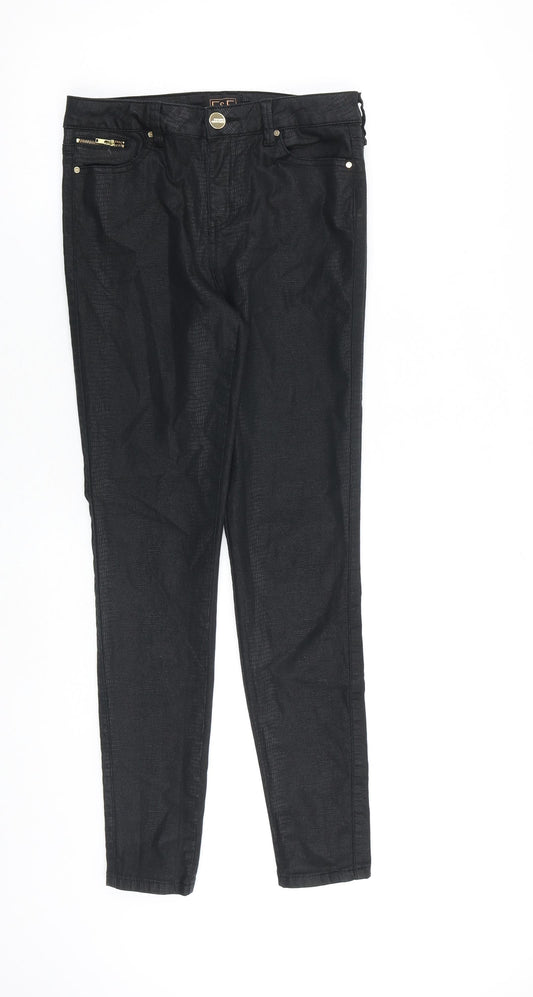 F&F Womens Black Cotton Trousers Size 8 L28 in Regular Zip - Snake Skin Texture