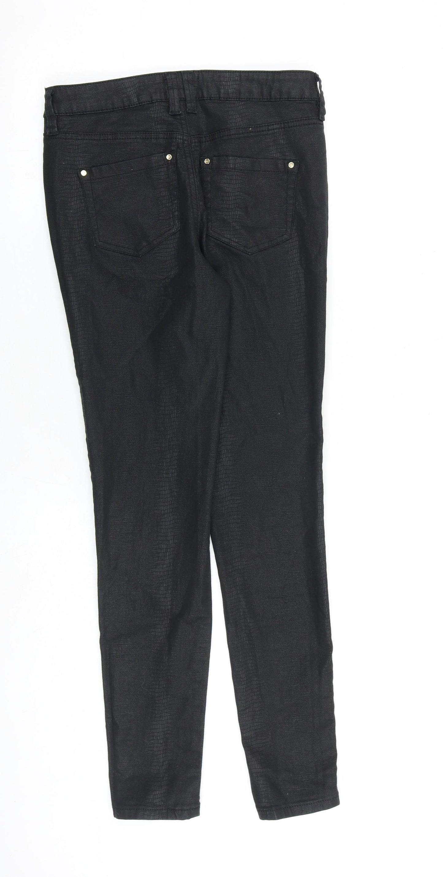 F&F Womens Black Cotton Trousers Size 8 L28 in Regular Zip - Snake Skin Texture