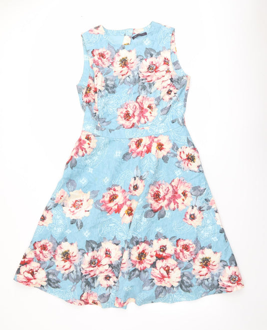 Marks and Spencer Womens Blue Floral Cotton Fit & Flare Size 12 Round Neck Zip - Cut Out Back Detail