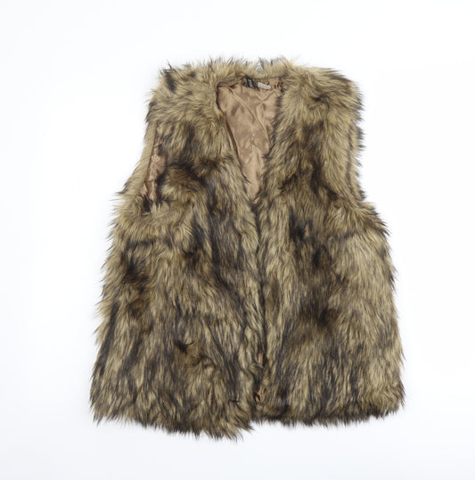 H&M Womens Brown Gilet Jacket Size 16 Hook & Eye - Faux Fur