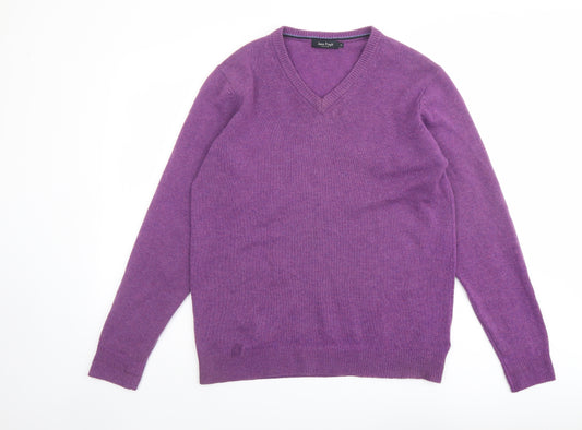 James Pringle Mens Purple V-Neck Wool Pullover Jumper Size M Long Sleeve