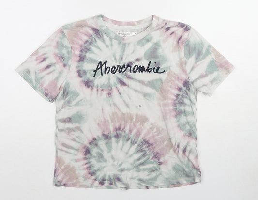 Abercrombie & Fitch Girls Multicoloured Geometric Cotton Basic T-Shirt Size 7-8 Years Round Neck Pullover - Tie Dye Effect