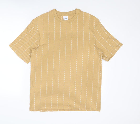 Zara Mens Yellow Striped Polyester T-Shirt Size S Round Neck