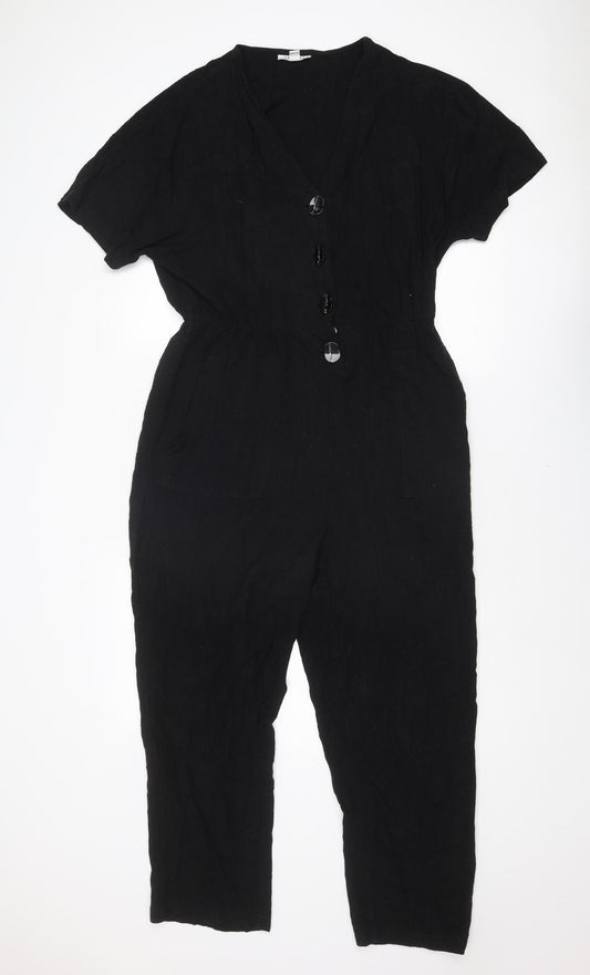 Topshop Womens Black Viscose Jumpsuit One-Piece Size 14 L26 in Button