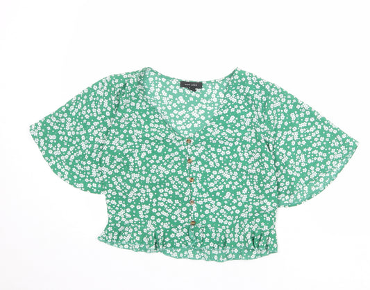 New Look Womens Green Floral Polyester Cropped Blouse Size 10 V-Neck