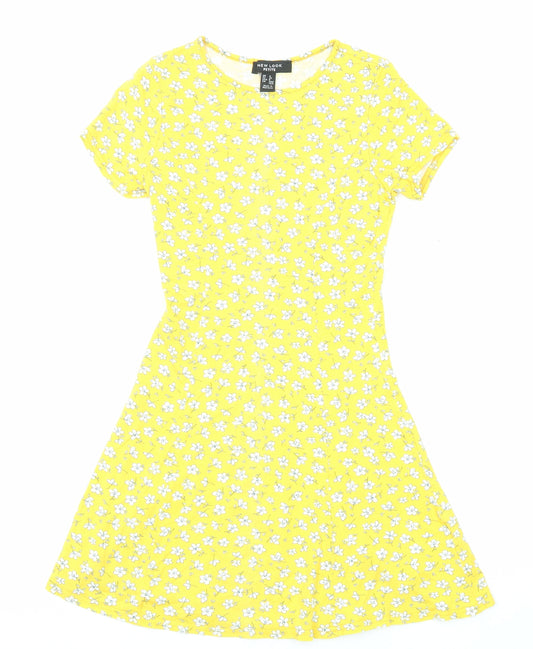 New Look Womens Yellow Floral Viscose Skater Dress Size 4 Round Neck Pullover