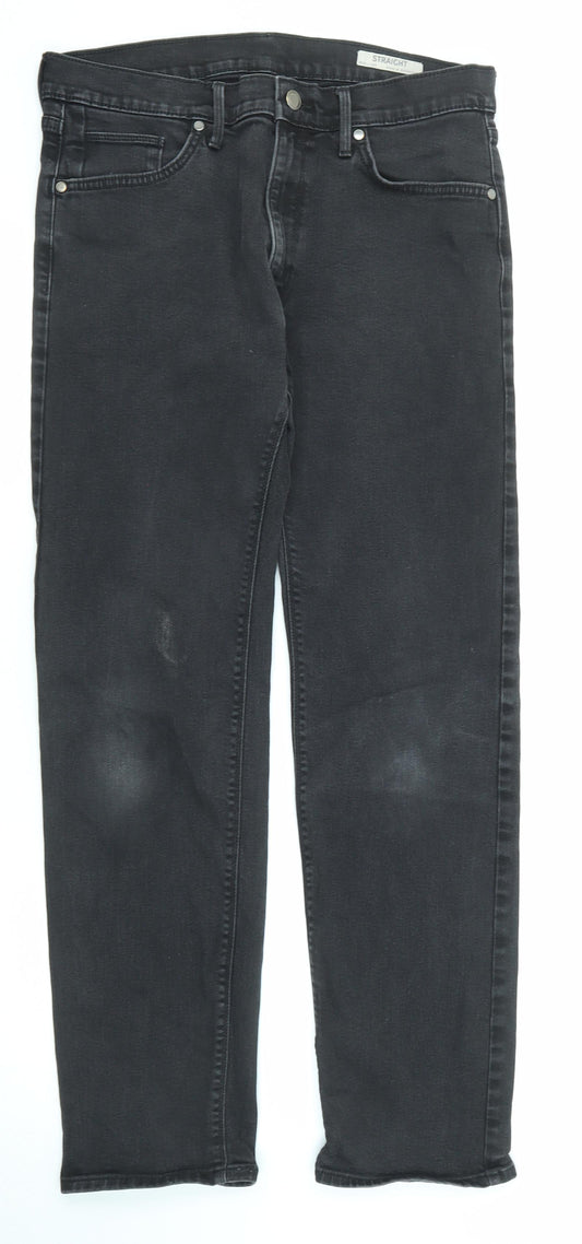 Marks and Spencer Mens Black Cotton Straight Jeans Size 32 in L32 in Regular Zip