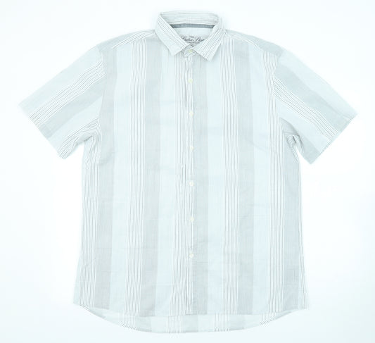 NEXT Mens Grey Striped Polyester Button-Up Size L Collared Button