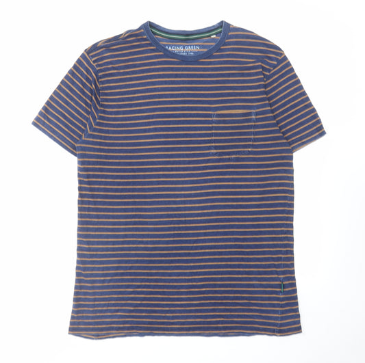 Racing Green Mens Blue Striped Cotton T-Shirt Size M Round Neck
