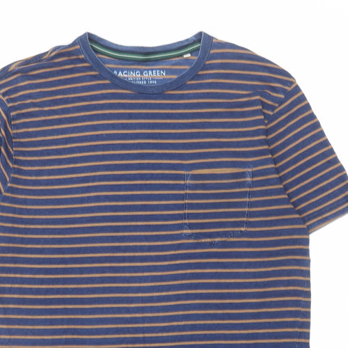 Racing Green Mens Blue Striped Cotton T-Shirt Size M Round Neck