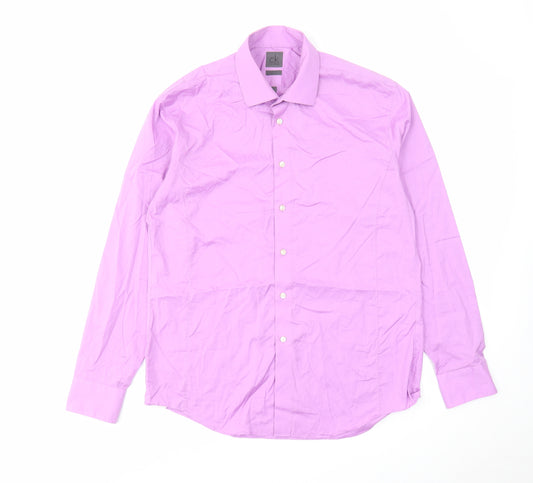 Calvin Klein Mens Purple Polyester Button-Up Size 16.5 Collared Button