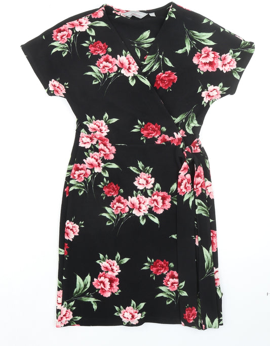 Dorothy Perkins Womens Black Floral Polyester Wrap Dress Size 8 V-Neck Tie