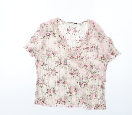 Debenhams Womens Pink Floral Polyester Basic Blouse Size 14 V-Neck