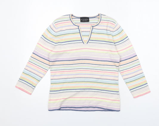 Principles Womens Multicoloured V-Neck Striped Cotton Pullover Jumper Size 12