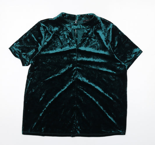 M&Co Womens Green Polyester Basic Blouse Size 14 Mock Neck
